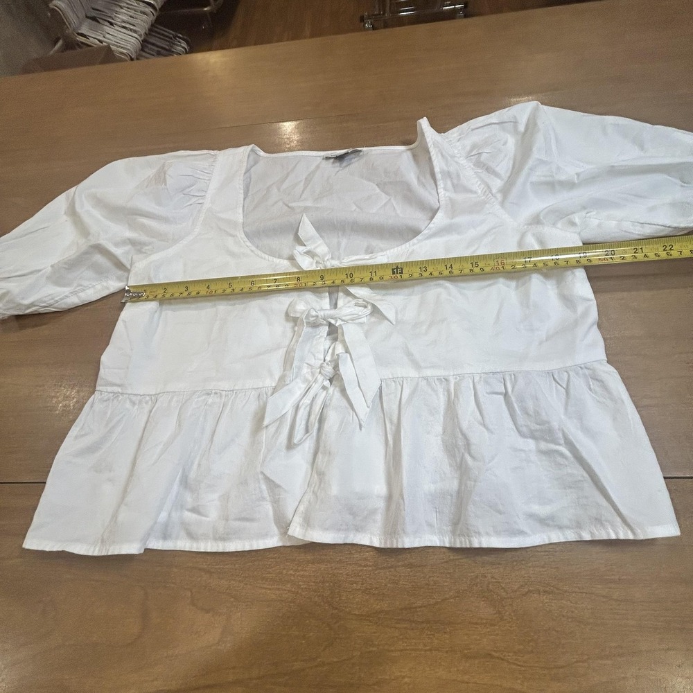 American Eagle Outfitters Blouse Womens Medium White Tie Puff Sleeve Cropped - Picture 6 of 7